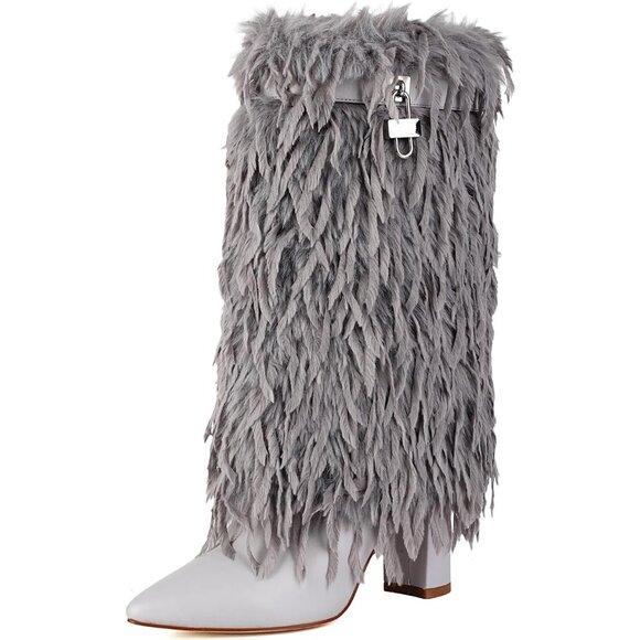 ⚡Women's Grey Fold Over Faux Fur Mid Calf Boots Chunky Heel Point Toe - Picture 1 of 7